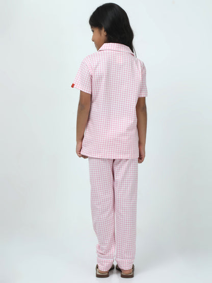 Baby Pink Cotton Printed Girls Night Suit