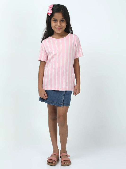 Kids Girls  Regular Fit T-Shirt- Pink Strip