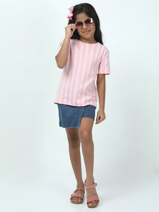 Kids Girls  Regular Fit T-Shirt- Pink Strip