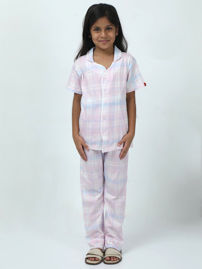 Baby Pink Cotton Printed Girls Night Suit