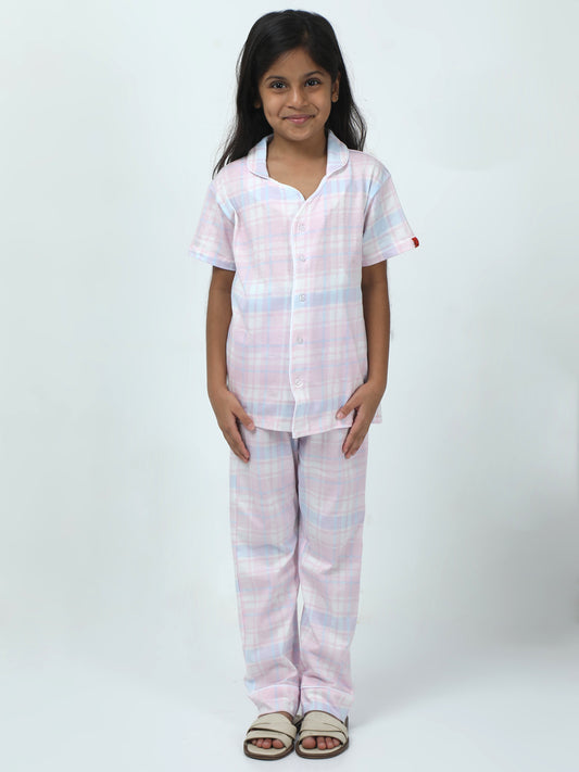 Baby Pink Cotton Printed Girls Night Suit