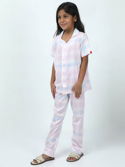 Baby Pink Cotton Printed Girls Night Suit