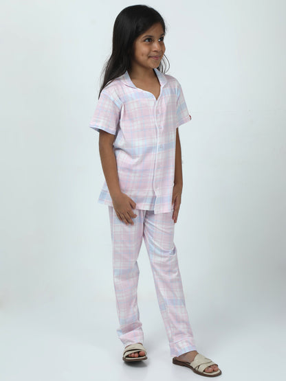Baby Pink Cotton Printed Girls Night Suit