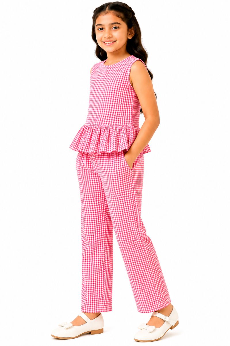 CHILINS Girls Pink & White Gingham Check Ruffle Top with Pants Set