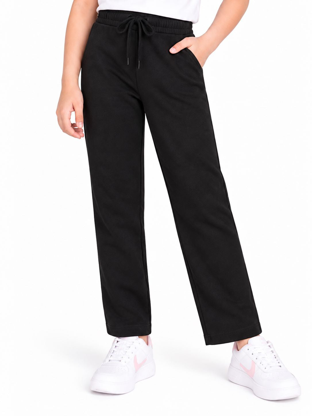CHILINS Girls Black Cotton Track Pants | Straight-Leg Trousers with Drawstring Waist