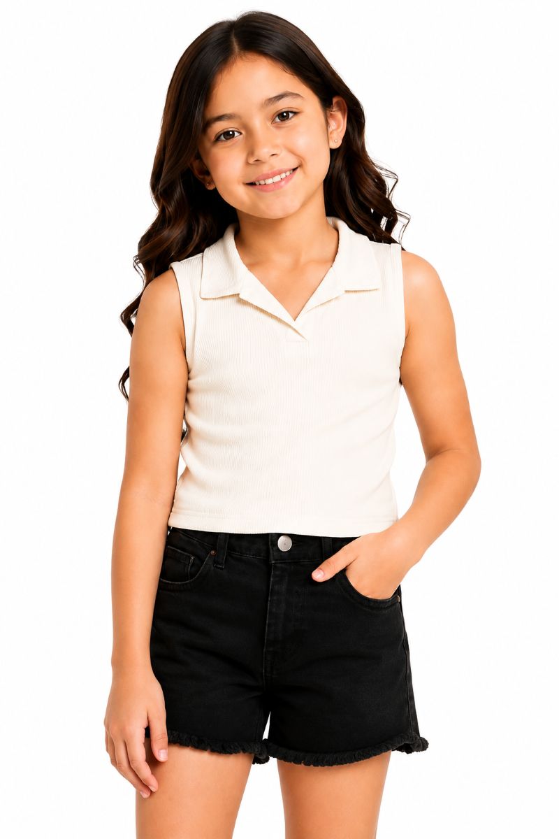 CHILINS Girls White Sleeveless Ribbed Collared Top