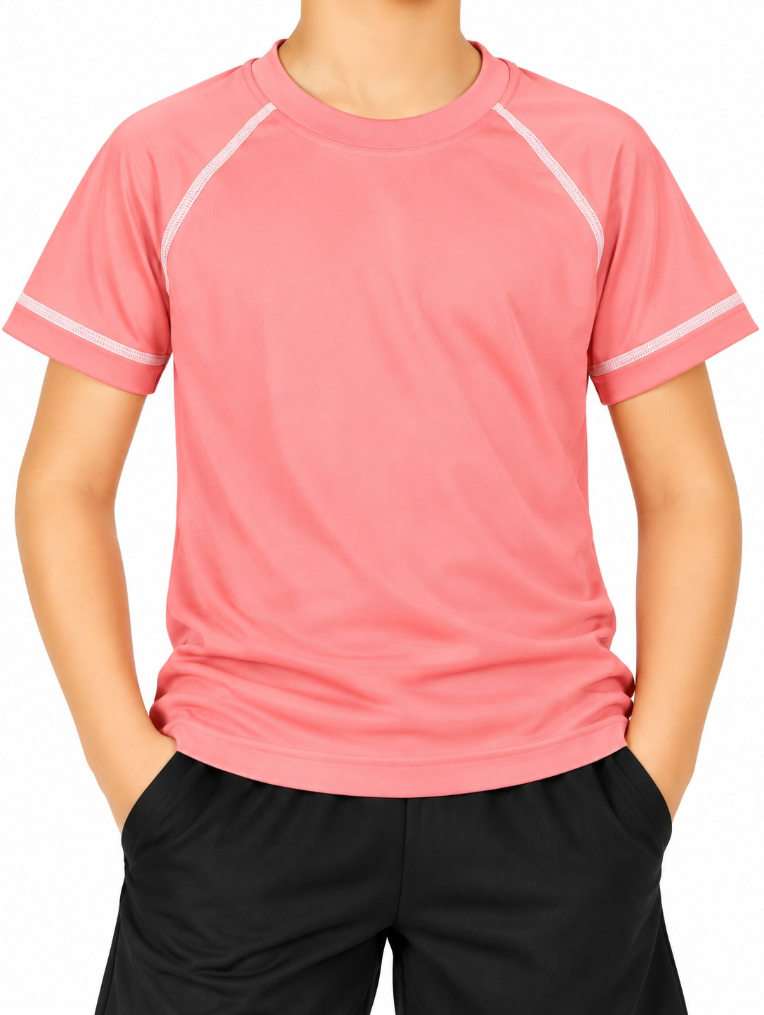 CHILINS Kids Coral Pink Sports T-Shirt | Boys & Girls | Raglan Sleeves | Contrast Stitching