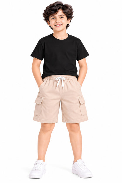 CHILINS Boys Beige Cargo Shorts | Drawstring Waist | Utility Pockets | Knee Length | Regular Fit | Casual Wear