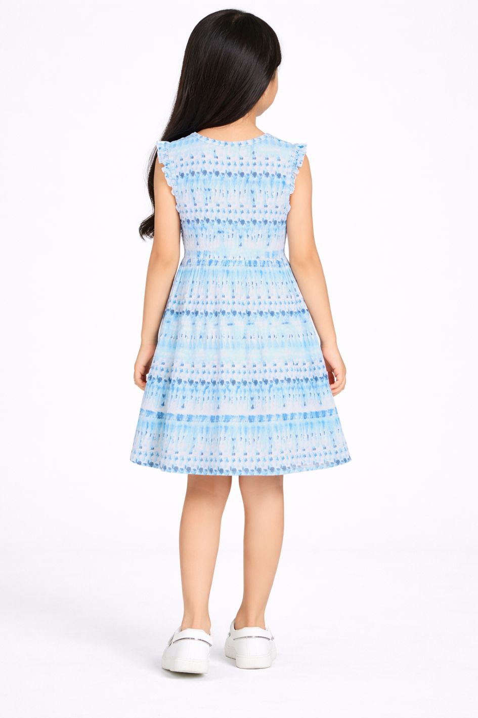 CHILINS Girls Blue Printed Sleeveless Frock Dress with Tie Dye Pattern for Kids