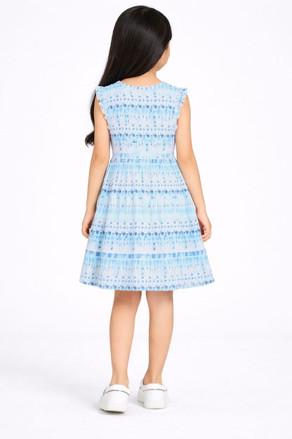 CHILINS Girls Blue Printed Sleeveless Frock Dress with Tie Dye Pattern for Kids