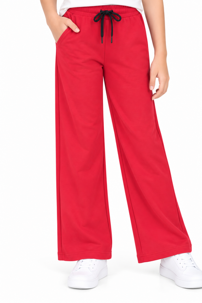 CHILINS Girls Red Wide Leg Palazzo Pants | Elasticated Drawstring Waist | Side Pockets | Full Length | Regular Fit