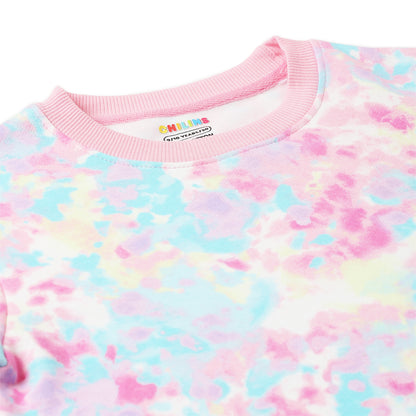 Girls Fleece Printed Round Neck Sweatshirt | Pink Tie Dye