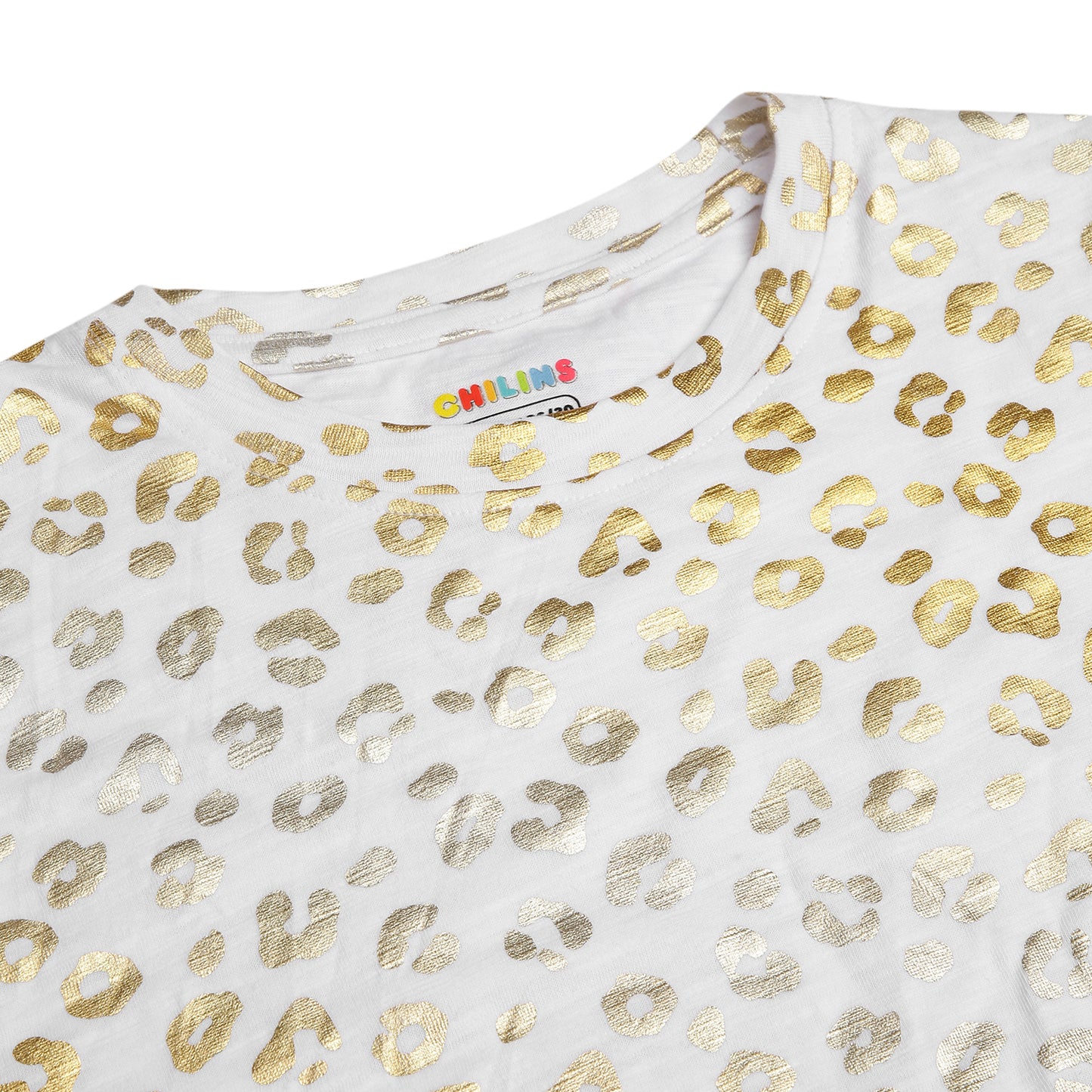 CHILINS Girls White & Golden Animal Print Cotton Crop Top