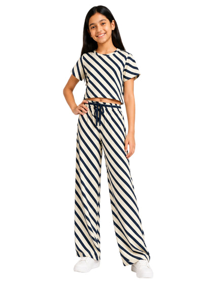 CHILINS Girls Black & cream Striped Lycra Spun Palazzo Co-Ord Set