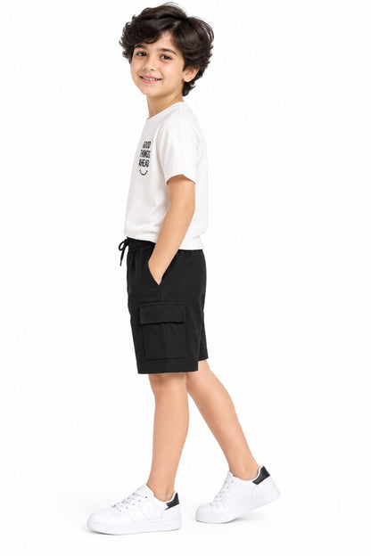 CHILINS Boys Black Cargo Shorts | Drawstring Waist | Side Utility Pockets | Regular Fit | Casual Everyday Wear
