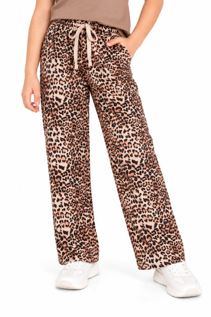CHILINS Girls Brown & Black Leopard Print Palazzo Pants | Wide Leg Casual Trousers