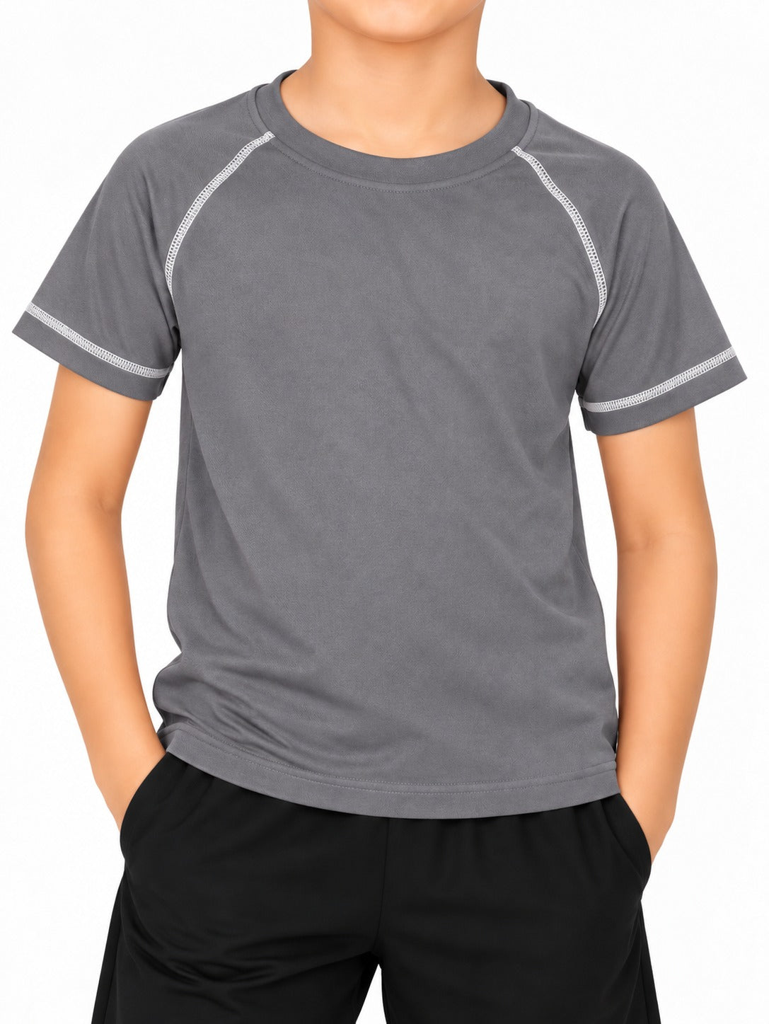 CHILINS Kids Grey Sports T-Shirt | Boys & Girls | Raglan Sleeves | Contrast Stitching | Active Wear