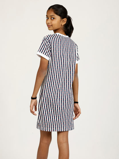 CHILINS Girls Pure Cotton Casual Dress – White & Blue Striped