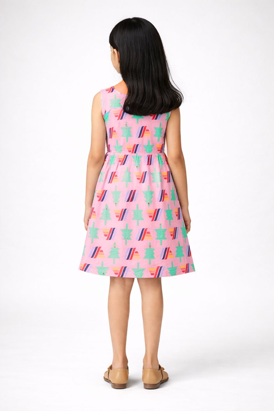 CHILINS Girls Pink Printed Sleeveless Frock Dress with Waist Bow
