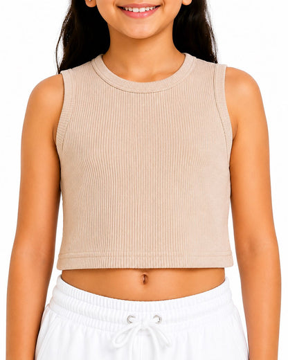 CHILINS Girls Beige Ribbed Sleeveless Crop Top