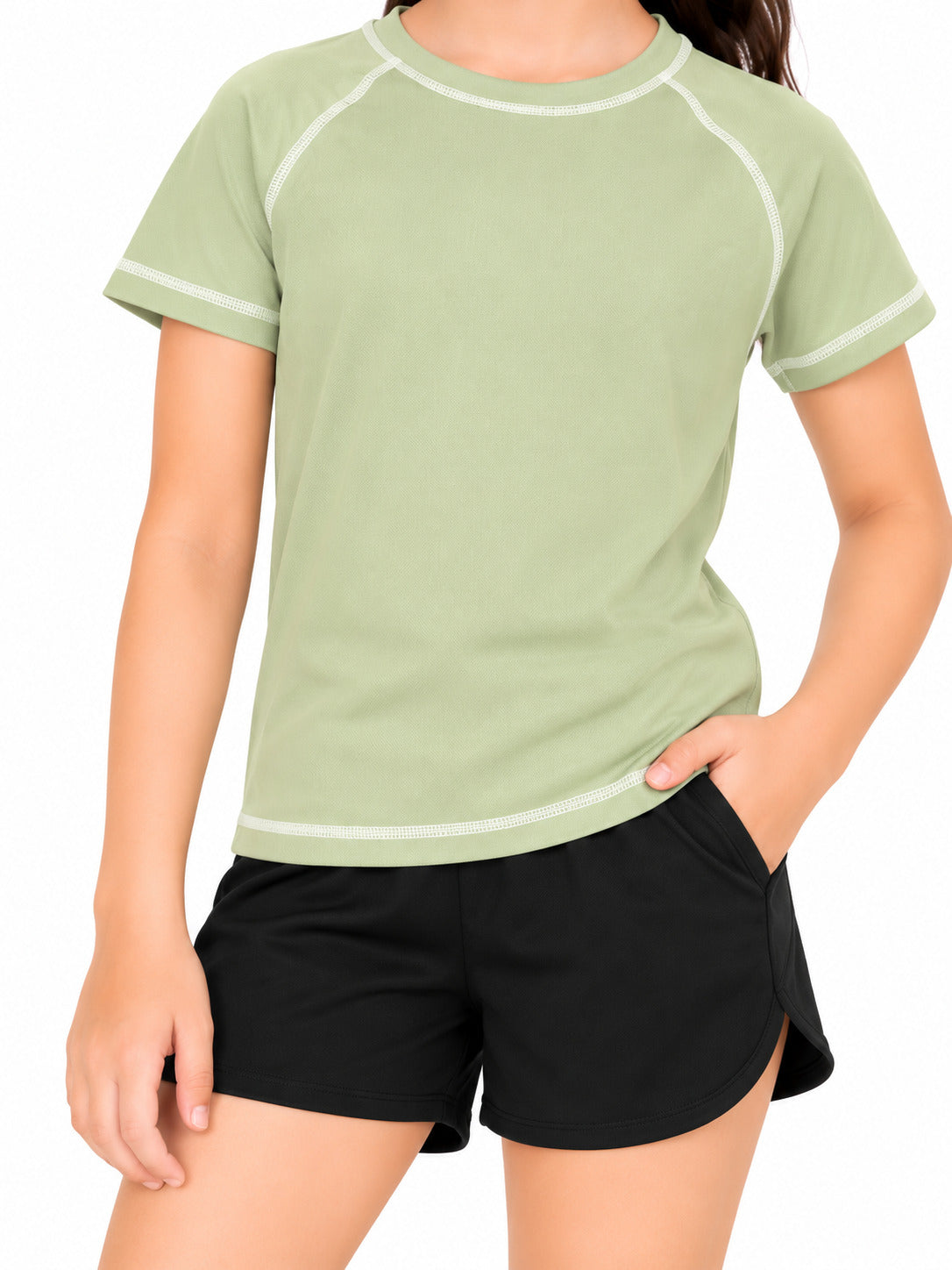 CHILINS Kids Sage Green Sports T-Shirt | Boys & Girls | Raglan Sleeves | Contrast Stitching