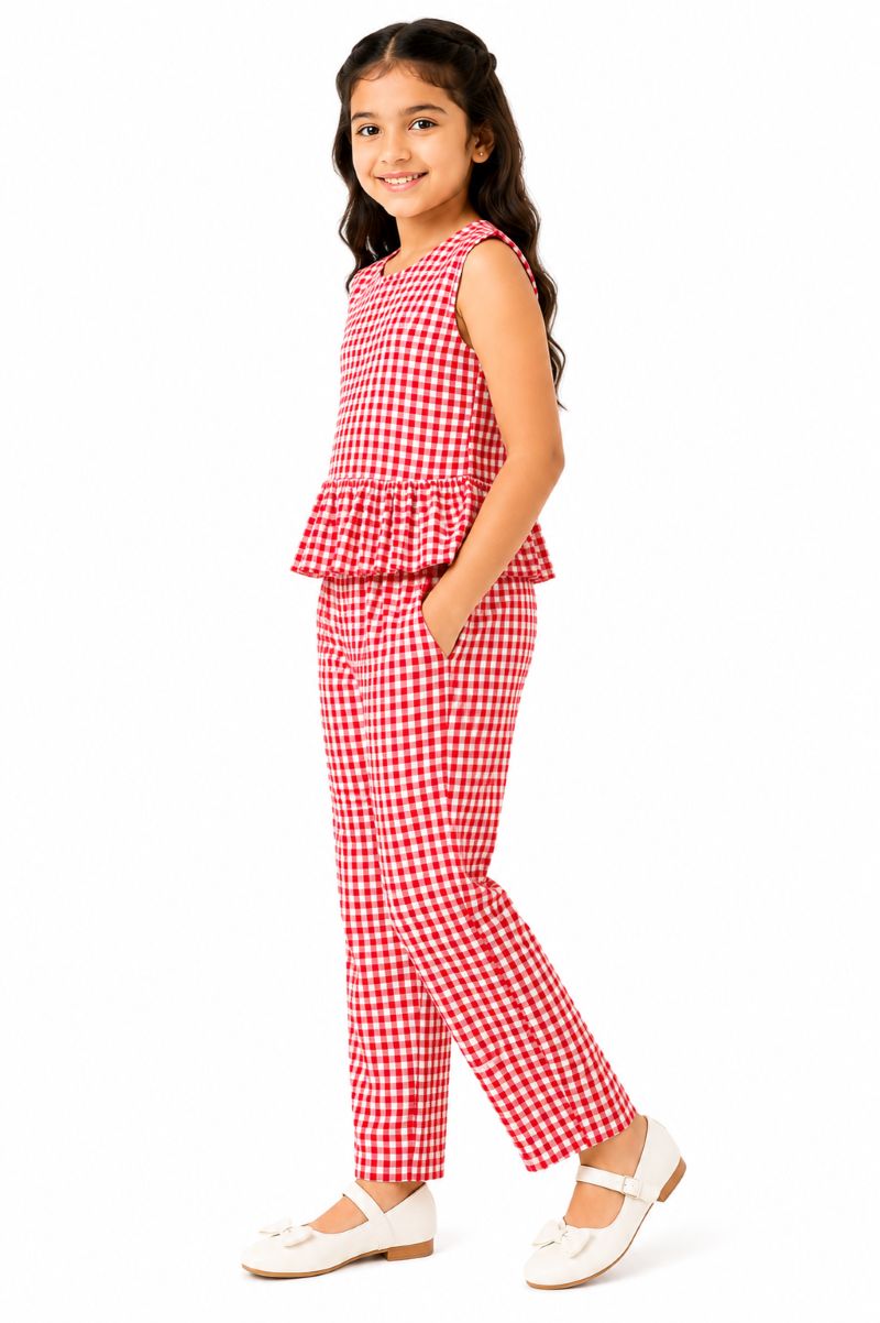 CHILINS Girls Red & White Gingham Check Ruffle Top with Pants Set