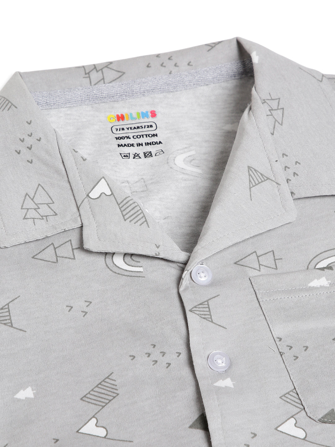 CHILINS Boys Grey Printed Night Suit Set | Pure Cotton Full Sleeve Shirt & Pyjama Sleepwear