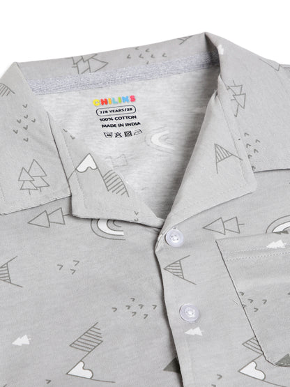 CHILINS Boys Grey Printed Night Suit Set | Pure Cotton Full Sleeve Shirt & Pyjama Sleepwear