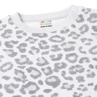 Girls Fleece Printed Round Neck Sweatshirt | Grey Animal Print