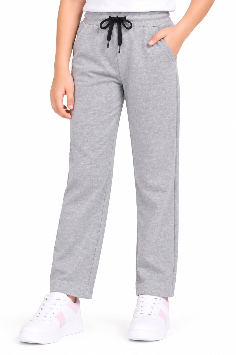 CHILINS Girls Grey Cotton Track Pants | Straight-Leg Trousers with Drawstring Waist