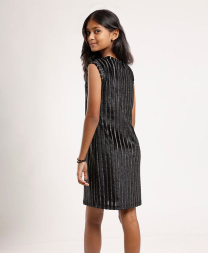 Girls Black Metallic Sleeveless Dress | Elegant Knee-Length Party Wear