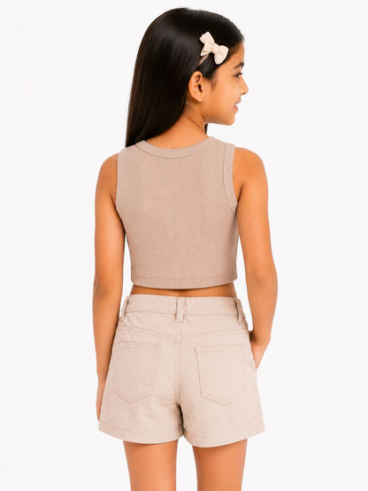 CHILINS Girls Beige Ribbed Sleeveless Crop Top