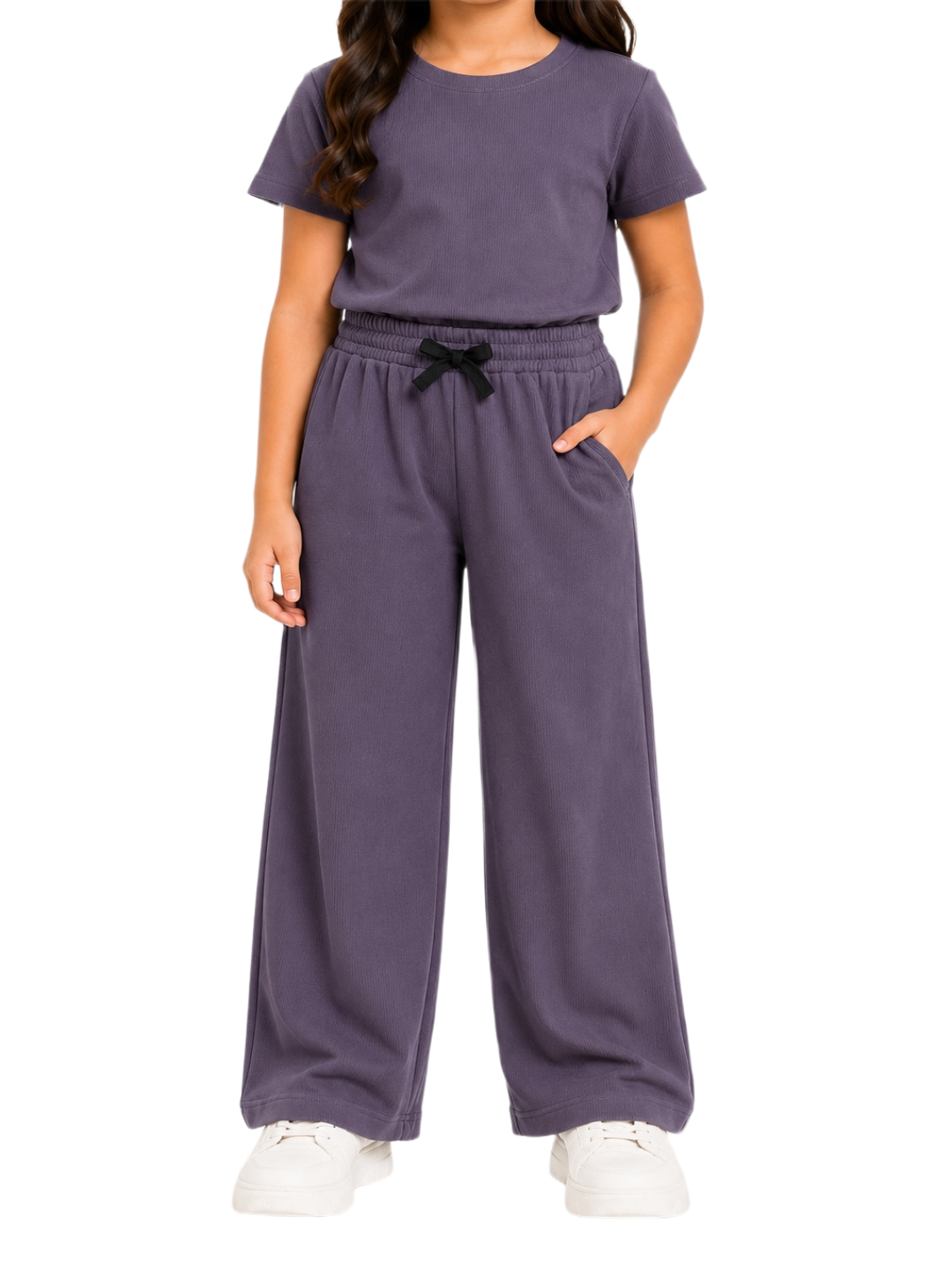 CHILINS Girls Purple Textured Top & Wide-Leg Pants Set
