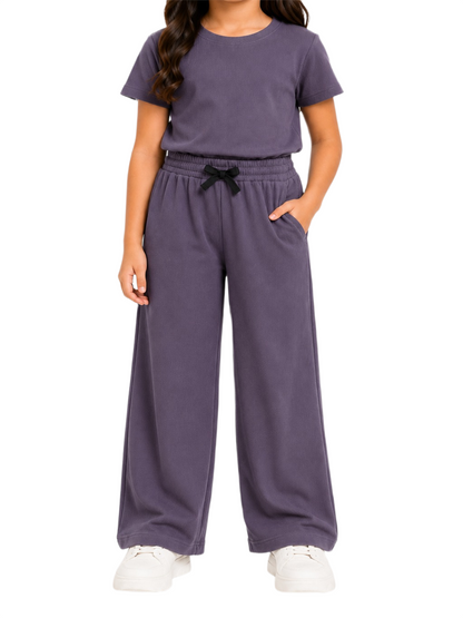 CHILINS Girls Purple Textured Top & Wide-Leg Pants Set