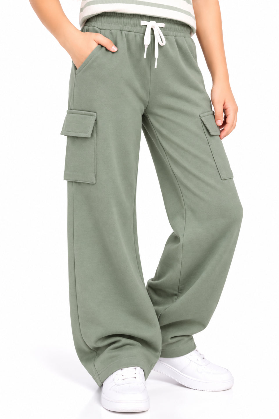 CHILINS Girls Green Cotton Cargo Track Pants | Wide-Leg Trousers with Drawstring Waist
