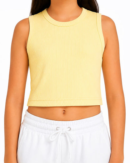 CHILINS Girls Light Yellow Ribbed Sleeveless Crop Top