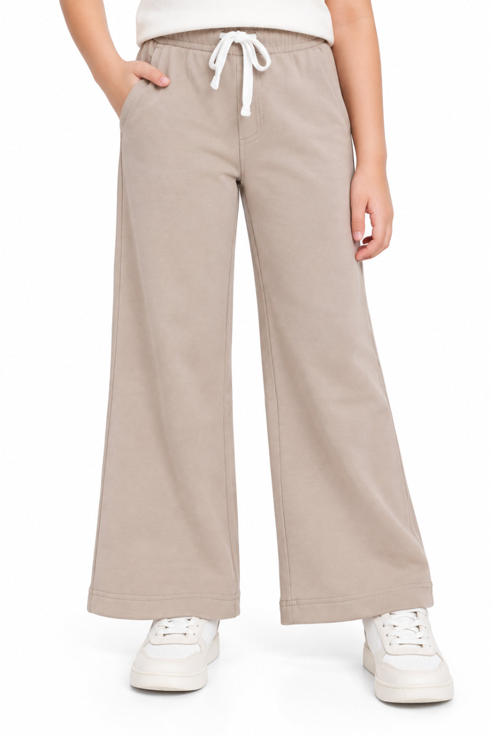 CHILINS Girls Beige Wide Leg Palazzo Pants | Elasticated Drawstring Waist | Side Pockets | Full Length | Regular Fit