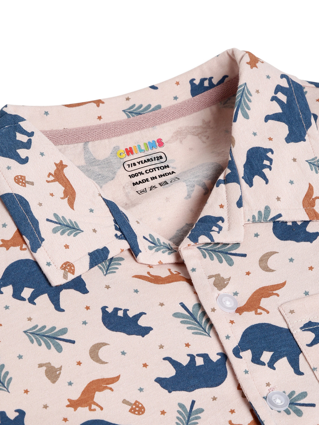 CHILINS Boys Woodland Animal Print Night Suit Set | 100% Pure Cotton Full Sleeve Shirt & Pyjama