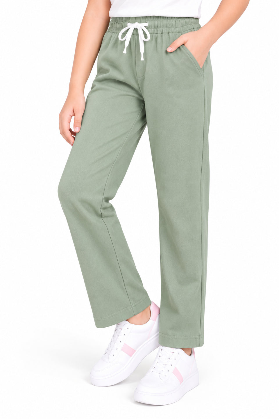 CHILINS Girls Green Cotton Track Pants | Wide-Leg Trousers with Drawstring Waist