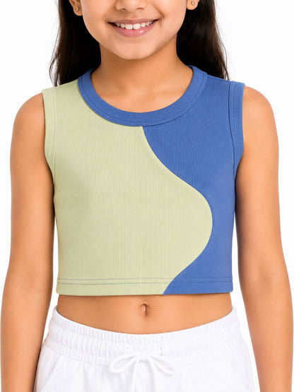 CHILINS Girls Green & Blue Color Block Sleeveless Crop Top