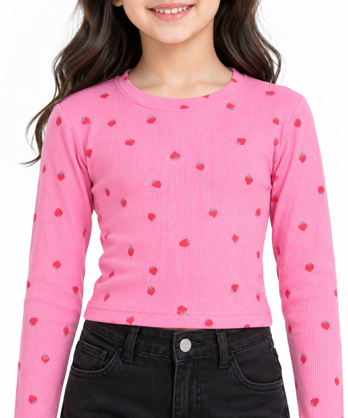 CHILINS Girls Pink Strawberry Print Crop Top | Full Sleeve Round Neck Casual Top