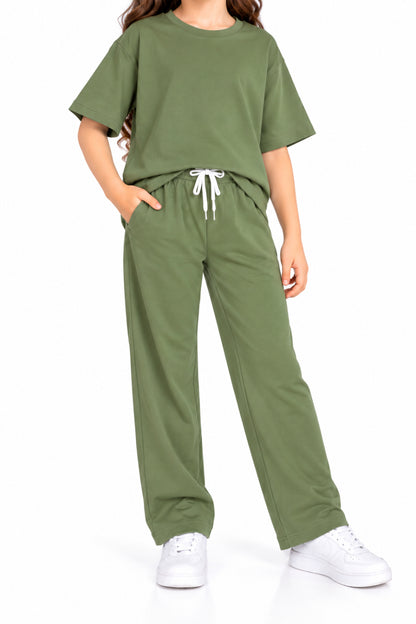 CHILINS Girls Olive Green Co-Ord Set | Oversized T-Shirt & Wide-Leg Pants
