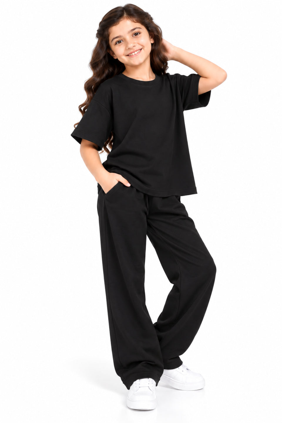 CHILINS Girls Black Co-Ord Set | Oversized T-Shirt & Wide-Leg Pants