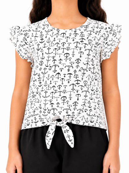 CHILINS Girls White Printed Short Sleeve Top