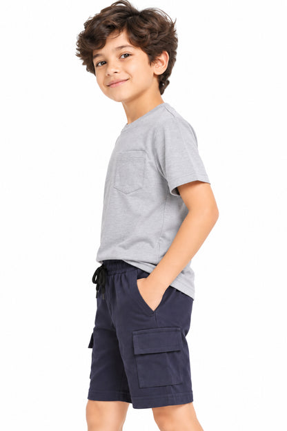 CHILINS Boys Navy Blue Cargo Shorts | Drawstring Waist | Utility Pockets | Knee Length | Regular Fit