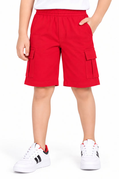 CHILINS Boys Red Cargo Shorts | Casual Knee-Length Shorts with Utility Pockets