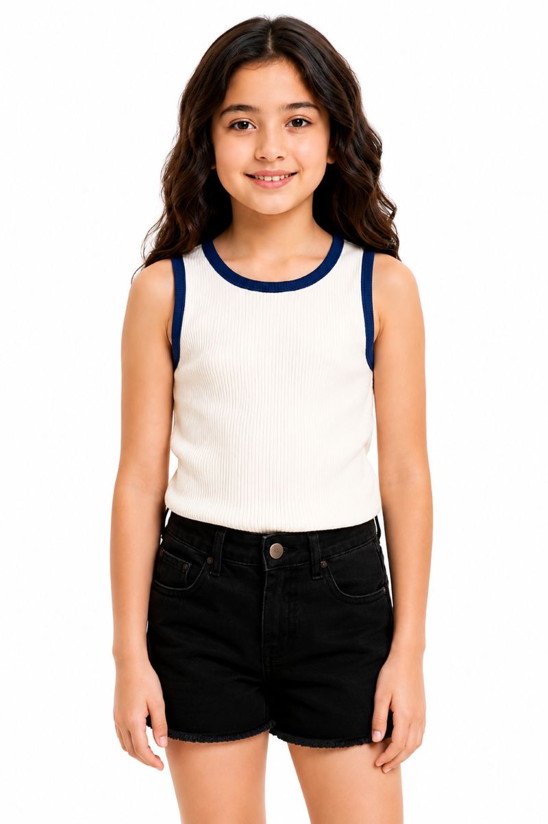 CHILINS Girls White Sleeveless Ribbed Top with Navy Blue Trim