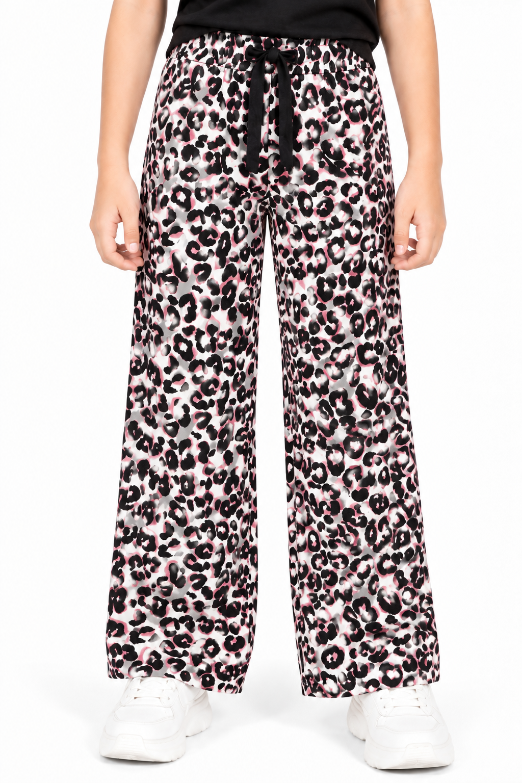 CHILINS Girls White & Pink Leopard Print Palazzo Pants | Wide Leg Casual Trousers