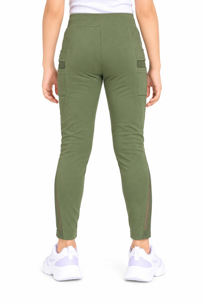CHILINS Girls Olive Green Sports Leggings | Activewear Leggings | Mesh Side Panel | Comfortable Fit