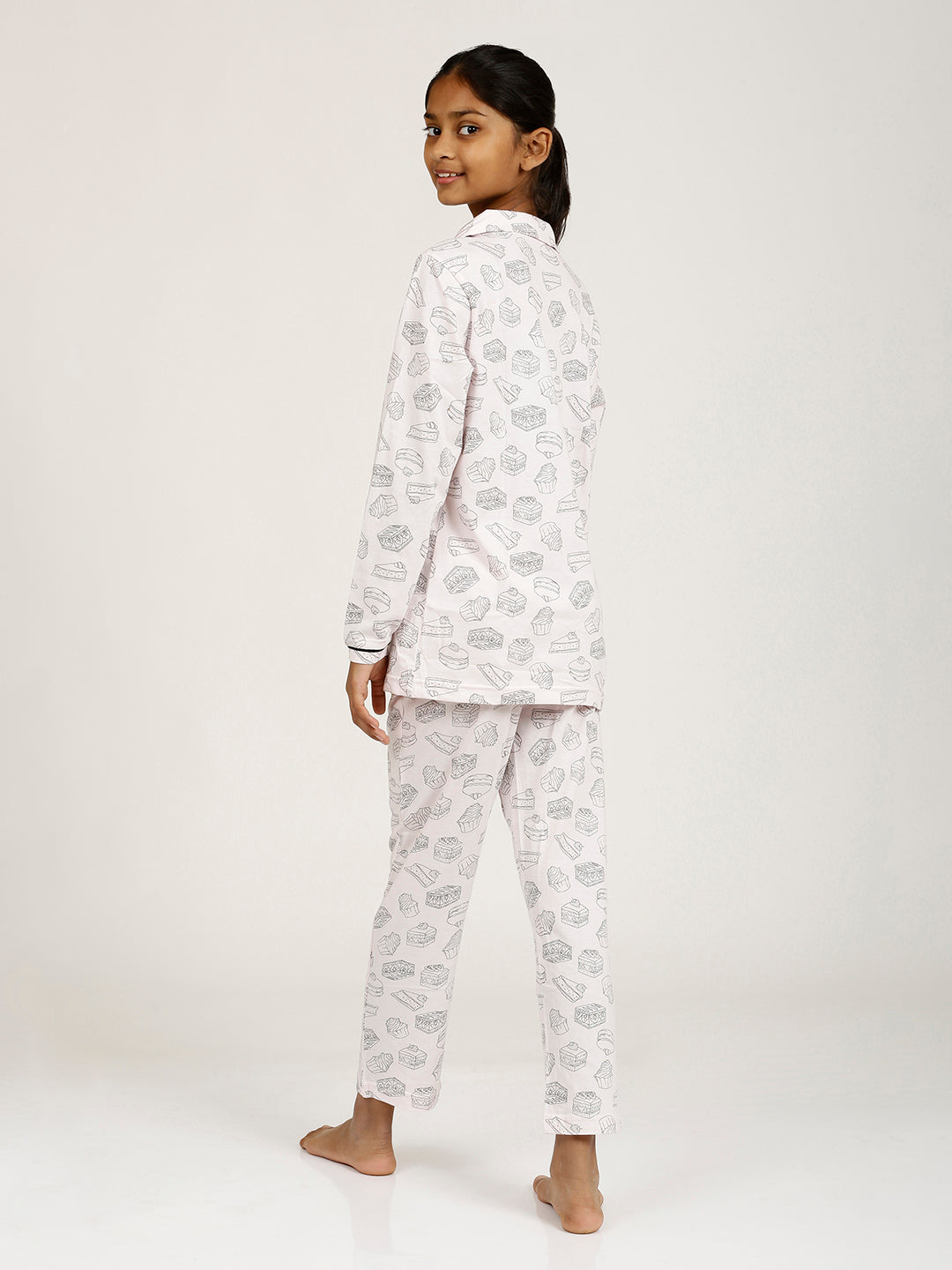 CHILINS Girls Shirt Pyjama Night Dress – Pure Cotton, Pink Foodies Print